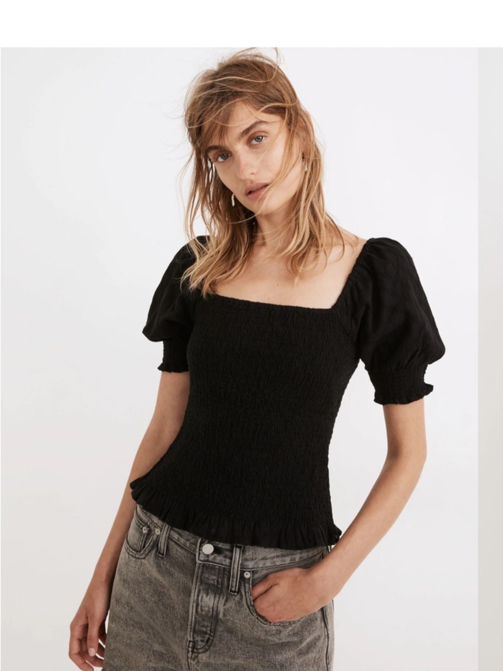 Madewell Black Puff Sleeve Smocked Crop Top Extra Small